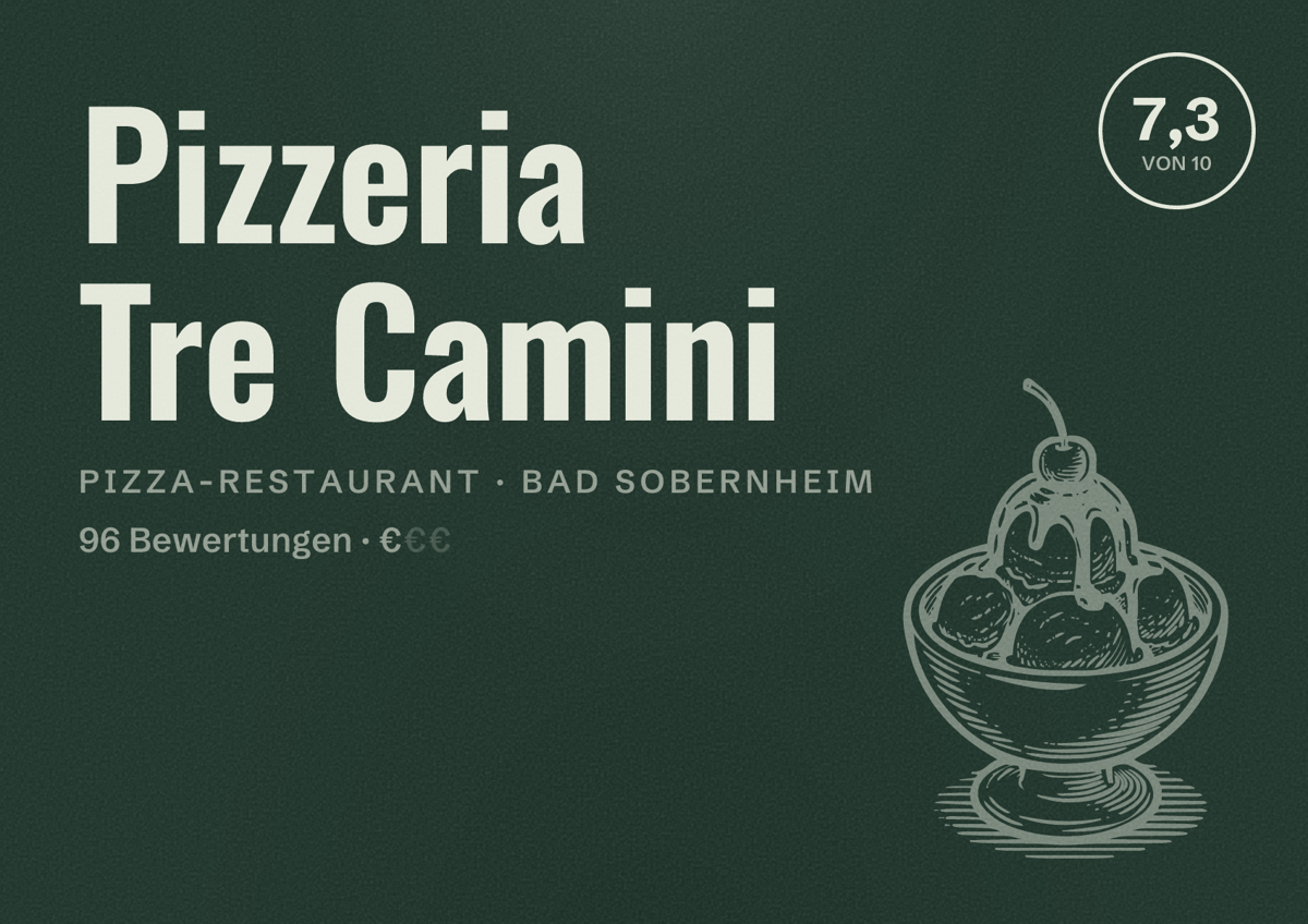 Illustriertes Poster von Pizzeria Tre Camini, Pizza-Restaurant in Bad Sobernheim: Bewertung 7,3 von 10 aus 96 Bewertungen, Preisniveau €