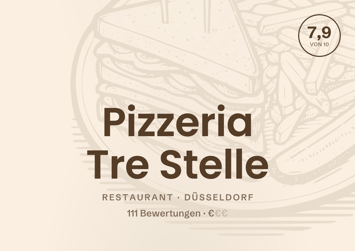 Illustriertes Poster von Pizzeria Tre Stelle, Restaurant in Düsseldorf: Bewertung 7,9 von 10 aus 111 Bewertungen, Preisniveau €