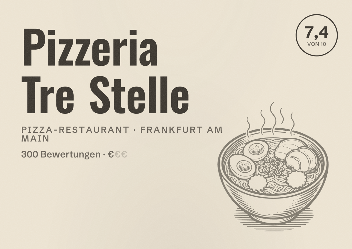 Illustriertes Poster von Pizzeria Tre Stelle, Pizza-Restaurant in Frankfurt am Main: Bewertung 7,4 von 10 aus 300 Bewertungen, Preisniveau €