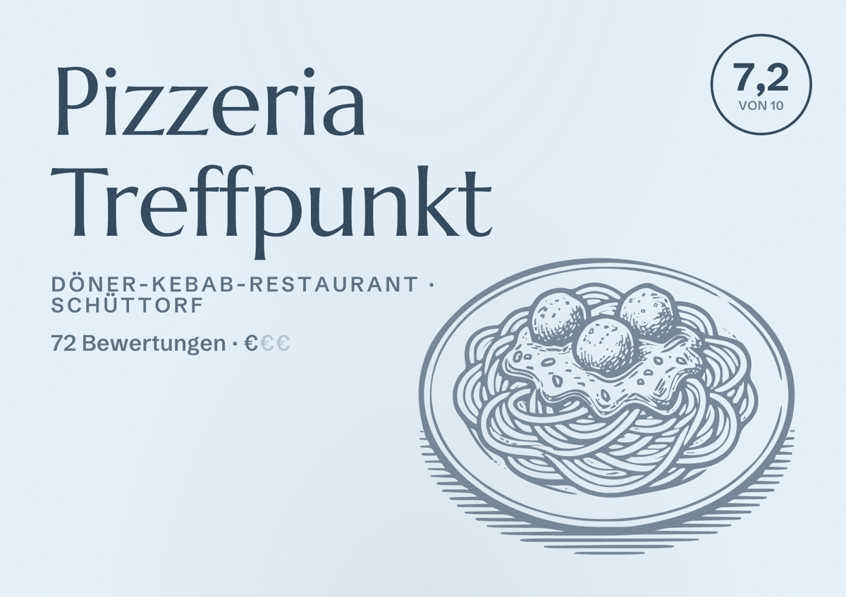Illustriertes Poster von Pizzeria Treffpunkt, Döner-Kebab-Restaurant in Schüttorf: Bewertung 7,2 von 10 aus 72 Bewertungen, Preisniveau €