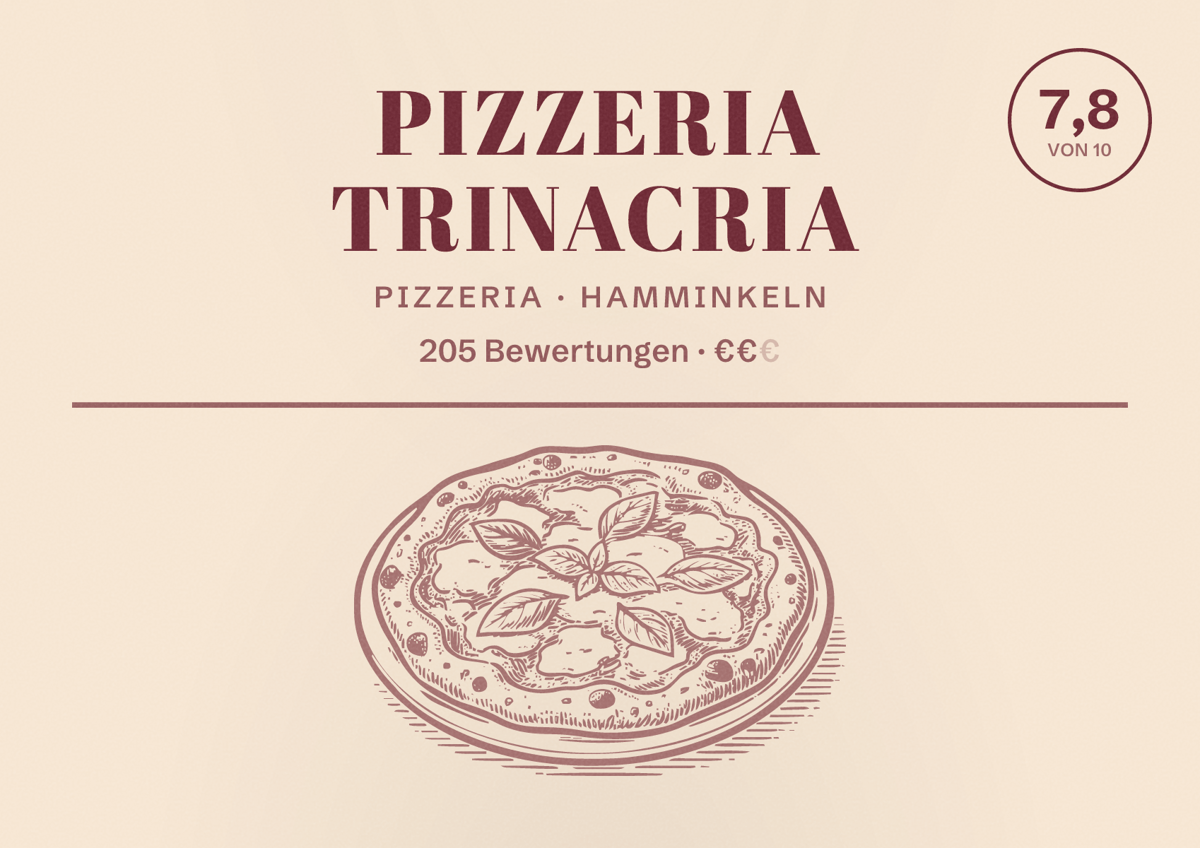 Illustriertes Poster von Pizzeria Trinacria, Pizzeria in Hamminkeln: Bewertung 7,8 von 10 aus 205 Bewertungen, Preisniveau €€
