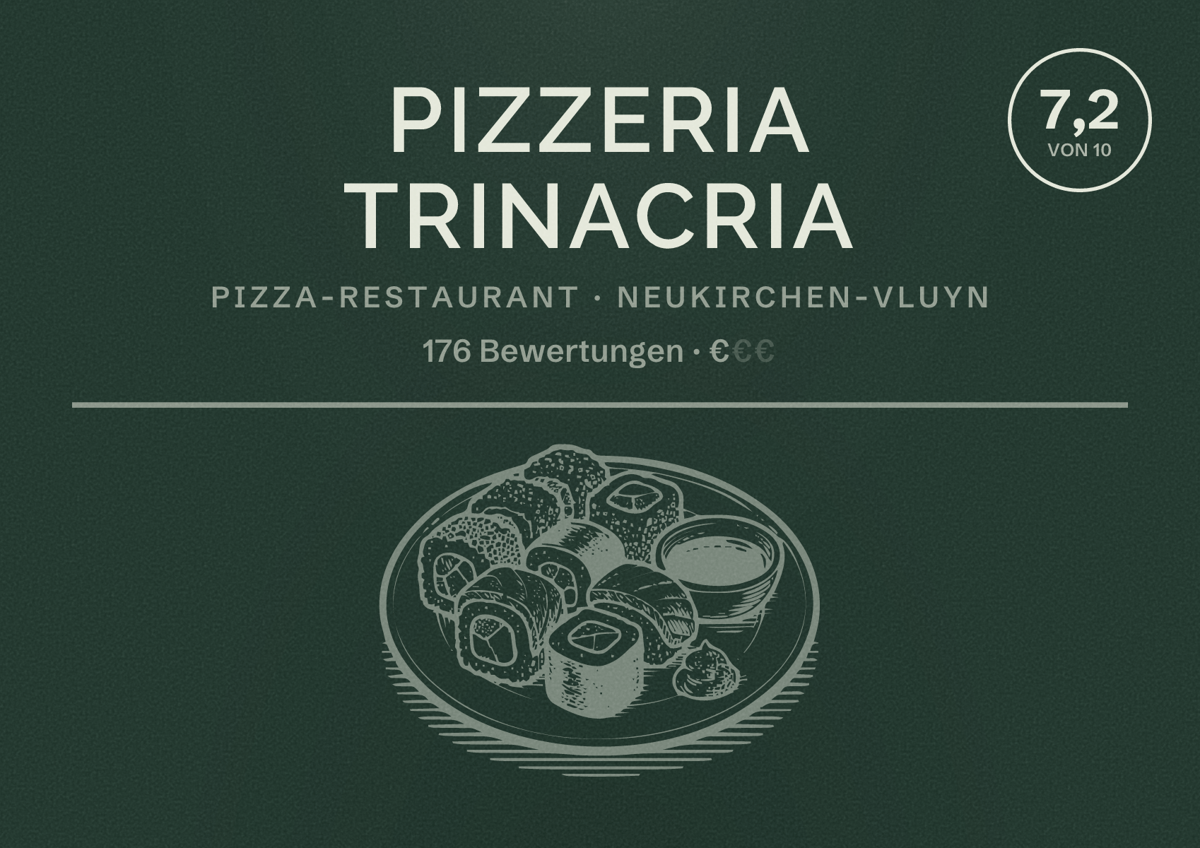 Illustriertes Poster von Pizzeria Trinacria, Pizza-Restaurant in Neukirchen-Vluyn: Bewertung 7,2 von 10 aus 176 Bewertungen, Preisniveau €