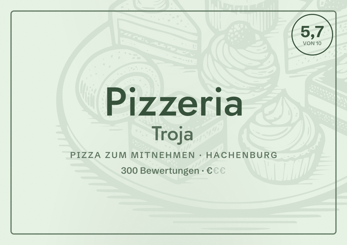Illustriertes Poster von Pizzeria Troja, Pizza zum Mitnehmen in Hachenburg: Bewertung 5,7 von 10 aus 300 Bewertungen, Preisniveau €