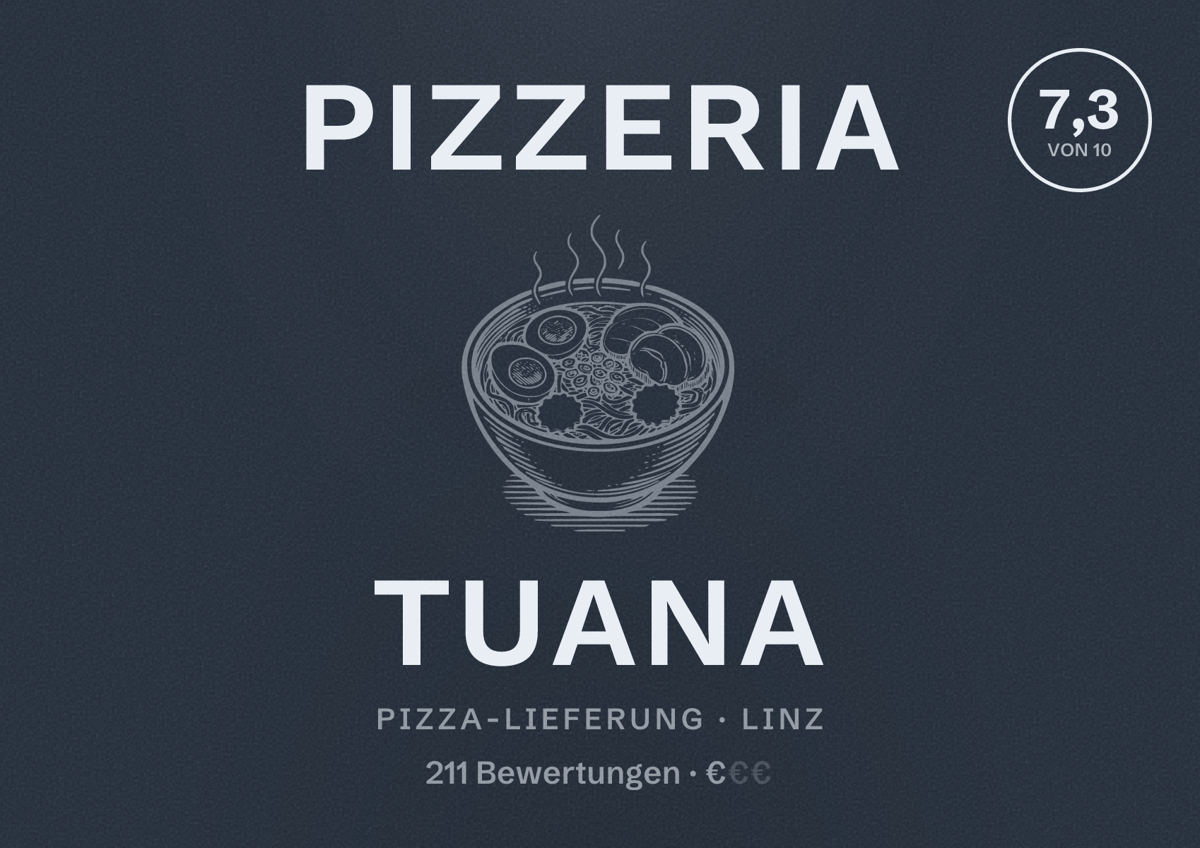 Illustriertes Poster von Pizzeria Tuana, Pizza-Lieferung in Linz: Bewertung 7,3 von 10 aus 211 Bewertungen, Preisniveau €