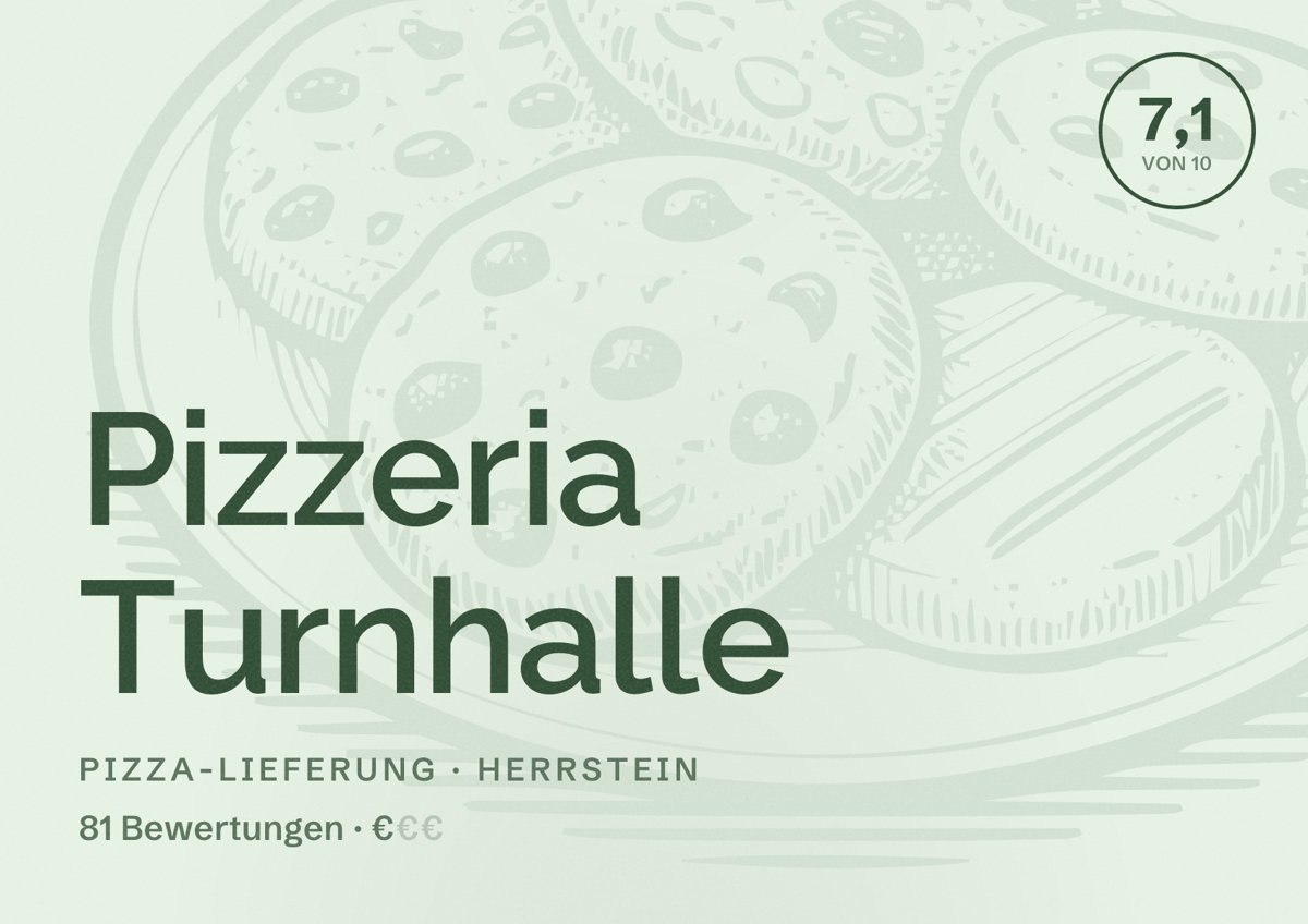 Illustriertes Poster von Pizzeria Turnhalle, Pizza-Lieferung in Herrstein: Bewertung 7,1 von 10 aus 81 Bewertungen, Preisniveau €