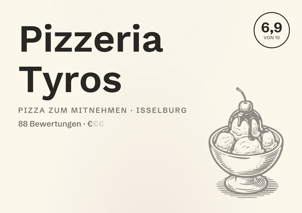 Illustriertes Poster von Pizzeria Tyros, Pizza zum Mitnehmen in Isselburg: Bewertung 6,9 von 10 aus 88 Bewertungen, Preisniveau €