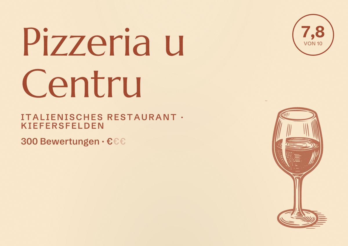 Illustriertes Poster von Pizzeria u Centru, Italienisches Restaurant in Kiefersfelden: Bewertung 7,8 von 10 aus 300 Bewertungen, Preisniveau €