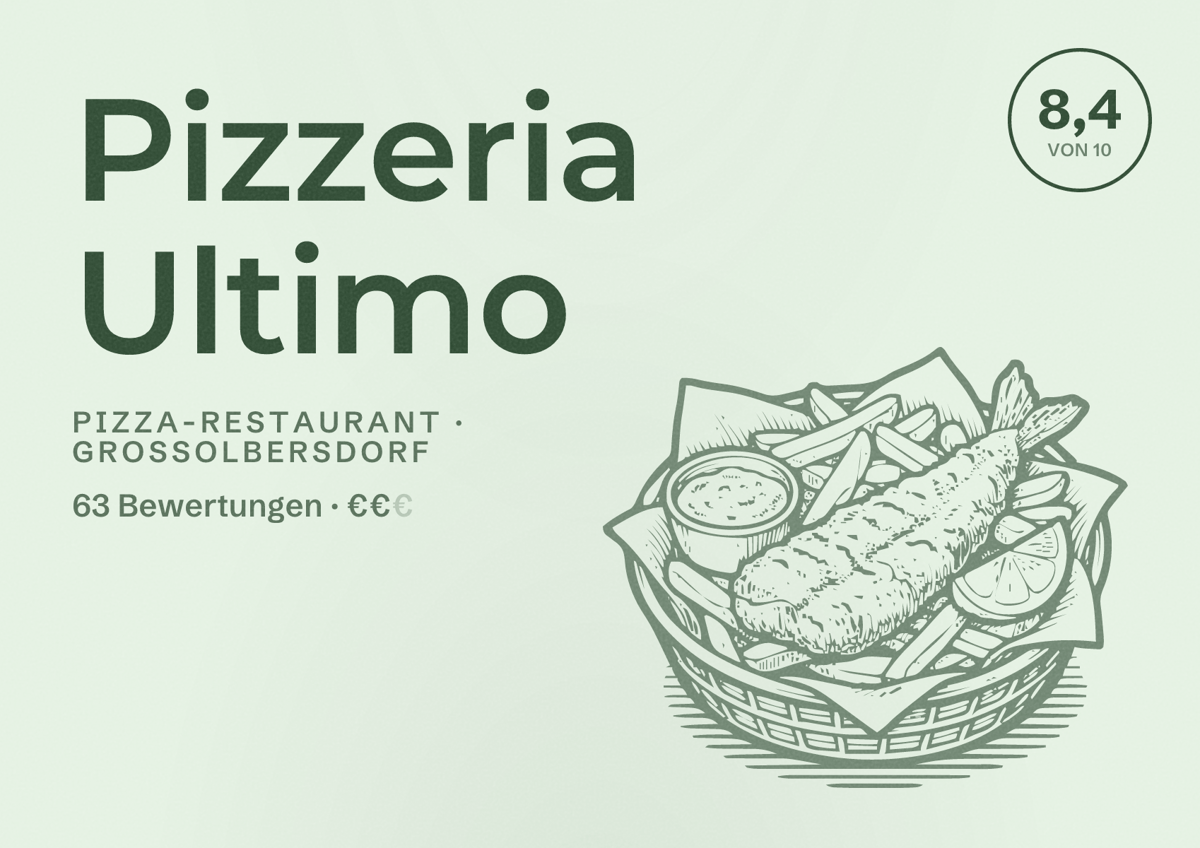 Illustriertes Poster von Pizzeria Ultimo, Pizza-Restaurant in Großolbersdorf: Bewertung 8,4 von 10 aus 63 Bewertungen, Preisniveau €€