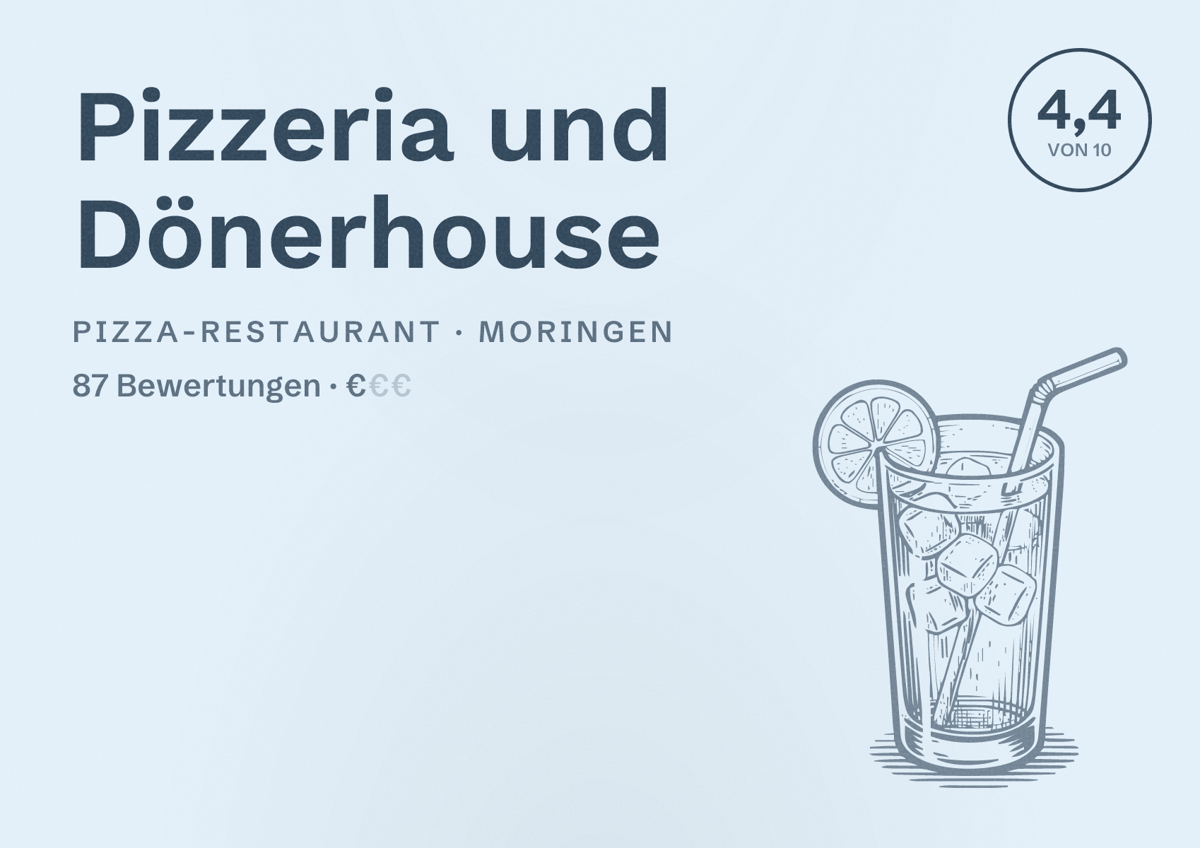 Illustriertes Poster von Pizzeria und Dönerhouse, Pizza-Restaurant in Moringen: Bewertung 4,4 von 10 aus 87 Bewertungen, Preisniveau €