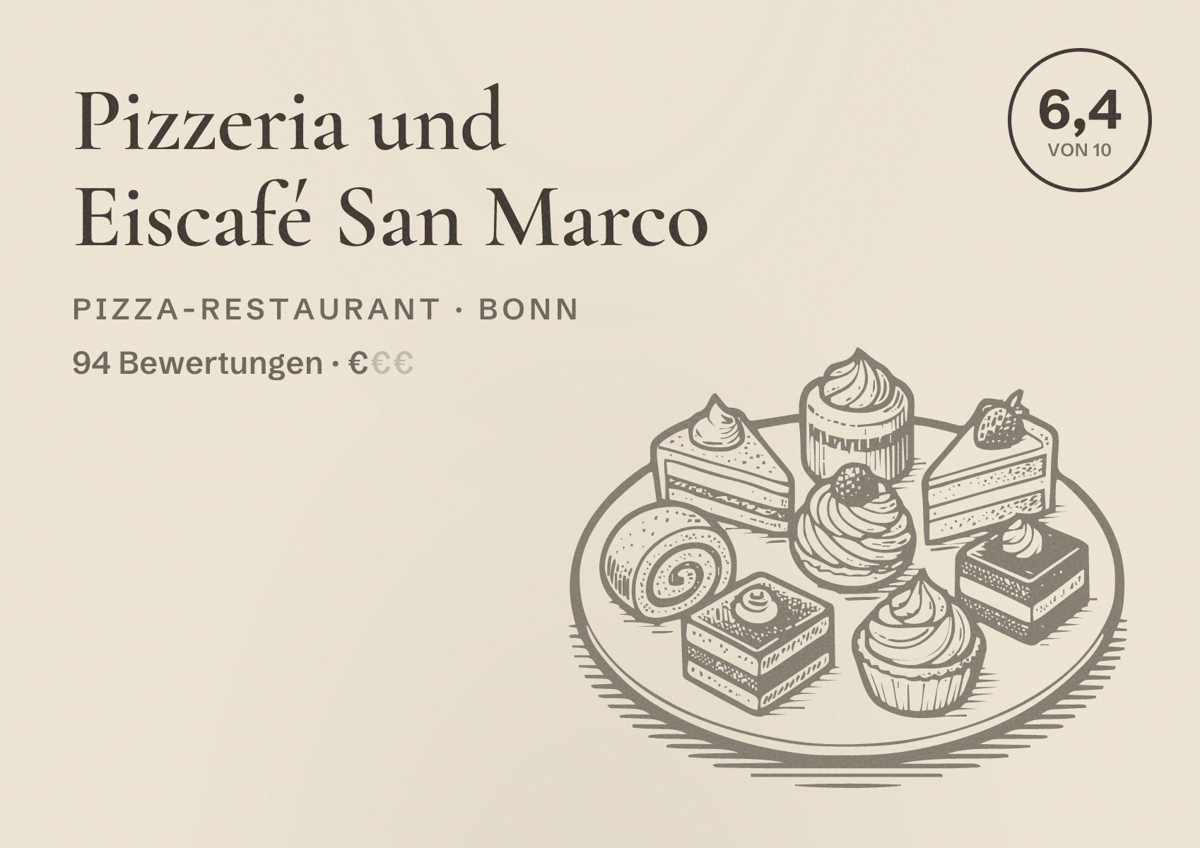 Illustriertes Poster von Pizzeria und Eiscafé San Marco, Pizza-Restaurant in Bonn: Bewertung 6,4 von 10 aus 94 Bewertungen, Preisniveau €