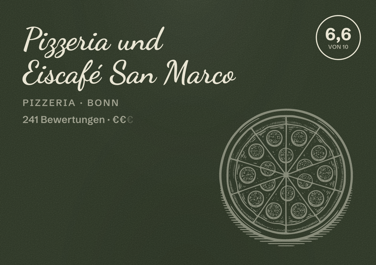 Illustriertes Poster von Pizzeria und Eiscafé San Marco, Pizzeria in Bonn: Bewertung 6,6 von 10 aus 241 Bewertungen, Preisniveau €€
