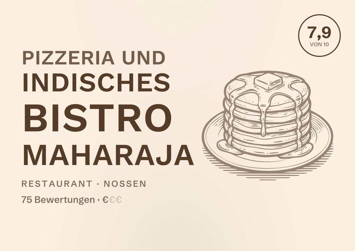 Illustriertes Poster von Pizzeria und Indisches Bistro Maharaja, Restaurant in Nossen: Bewertung 7,9 von 10 aus 75 Bewertungen, Preisniveau €