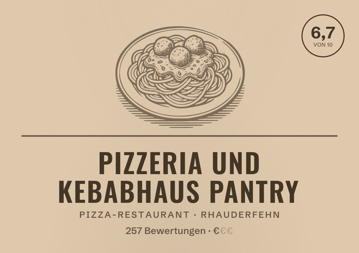 Illustriertes Poster von Pizzeria und Kebabhaus Pantry, Pizza-Restaurant in Rhauderfehn: Bewertung 6,7 von 10 aus 257 Bewertungen, Preisniveau €
