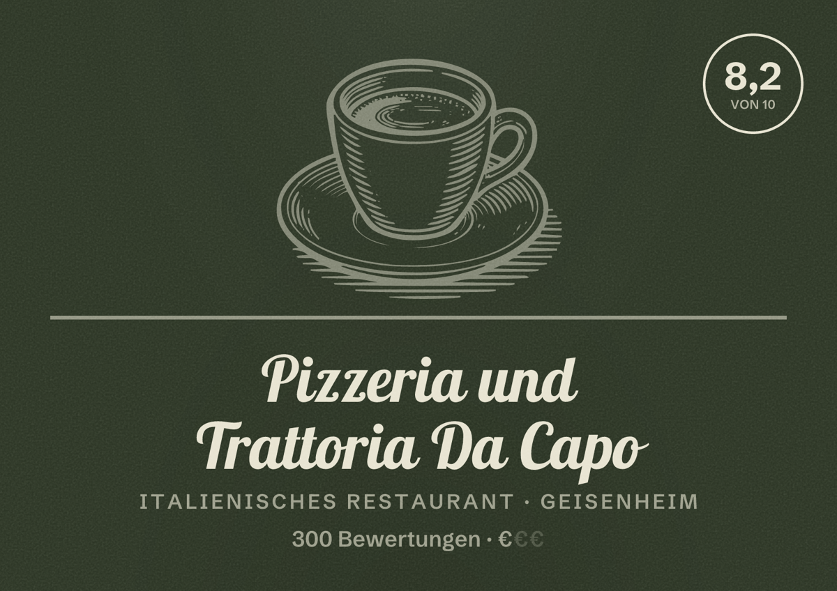 Illustriertes Poster von Pizzeria und Trattoria Da Capo, Italienisches Restaurant in Geisenheim: Bewertung 8,2 von 10 aus 300 Bewertungen, Preisniveau €