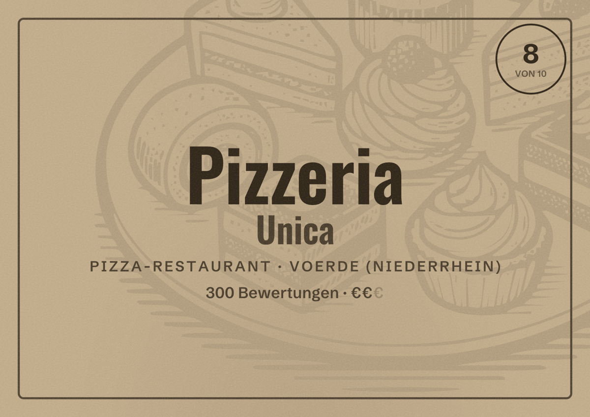 Illustriertes Poster von Pizzeria Unica, Pizza-Restaurant in Voerde (Niederrhein): Bewertung 8 von 10 aus 300 Bewertungen, Preisniveau €€