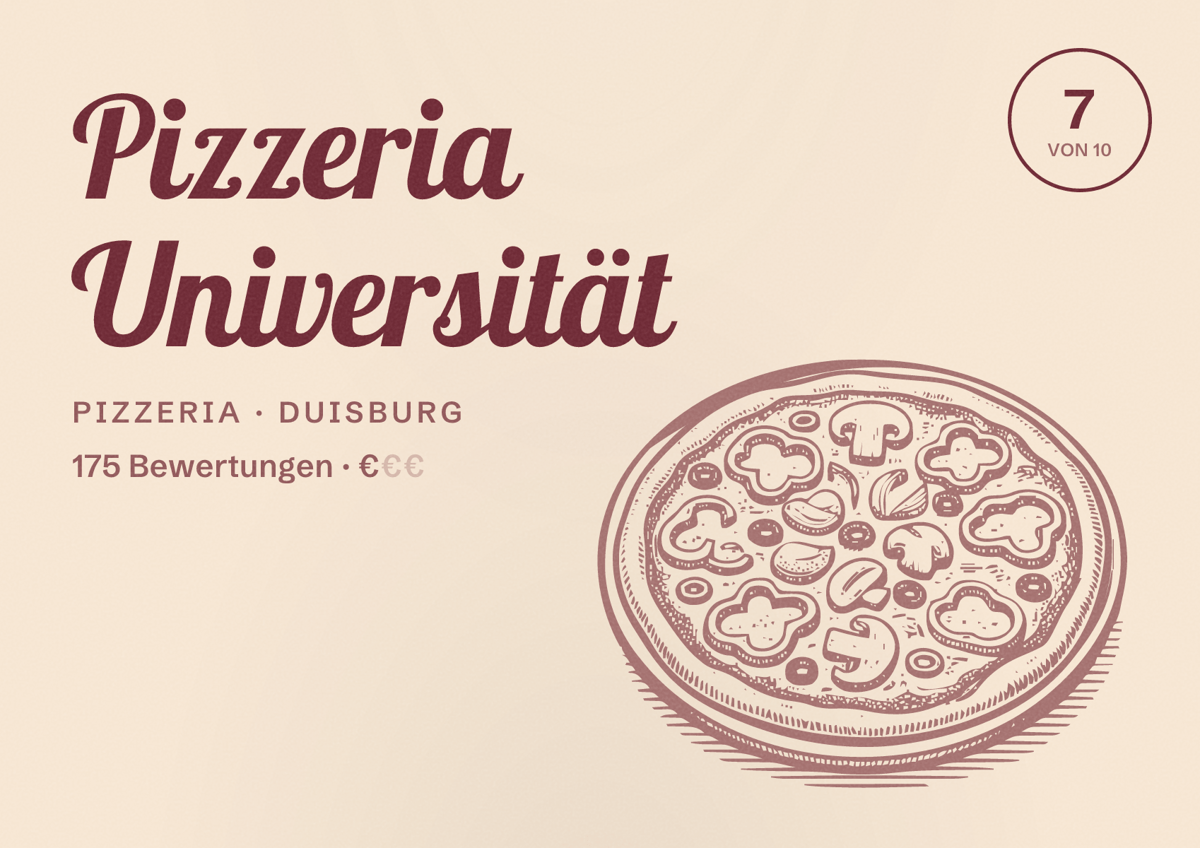Illustriertes Poster von Pizzeria Universität, Pizzeria in Duisburg: Bewertung 7 von 10 aus 175 Bewertungen, Preisniveau €