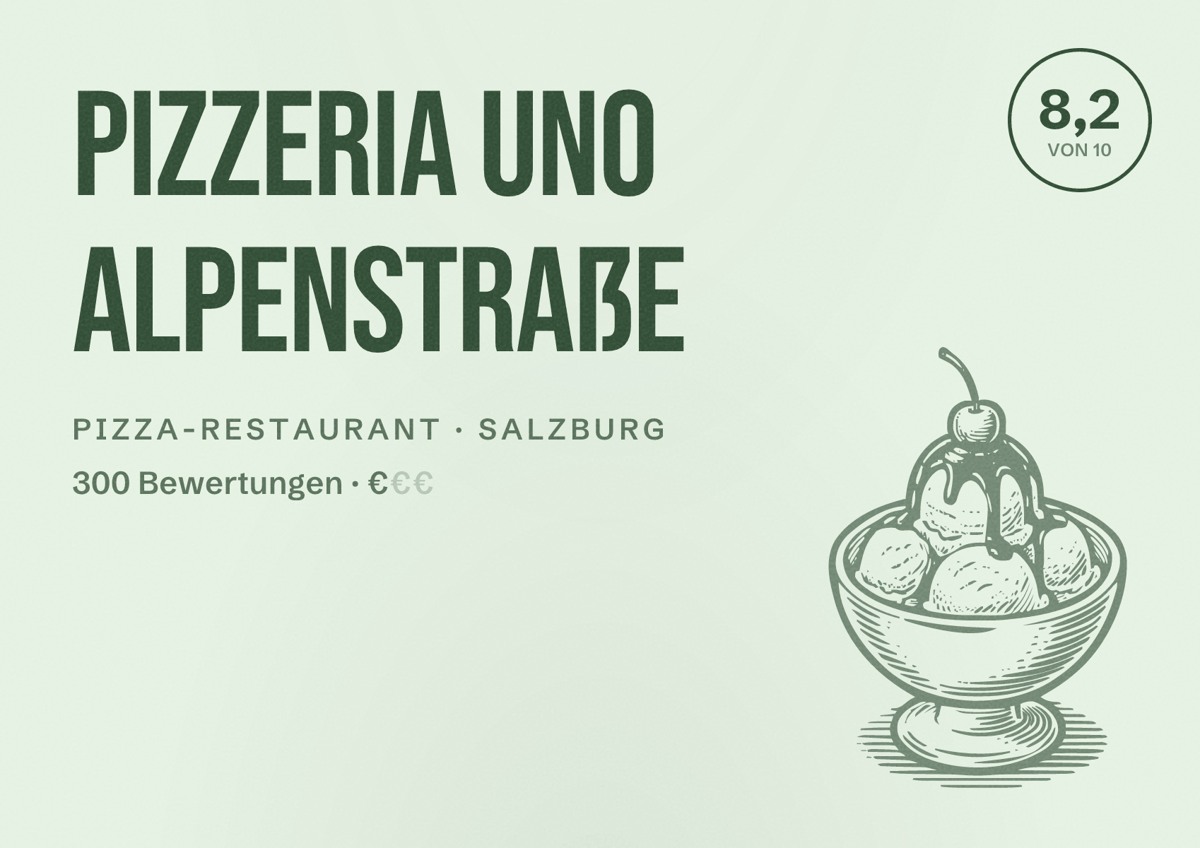 Illustriertes Poster von Pizzeria Uno Alpenstraße, Pizza-Restaurant in Salzburg: Bewertung 8,2 von 10 aus 300 Bewertungen, Preisniveau €