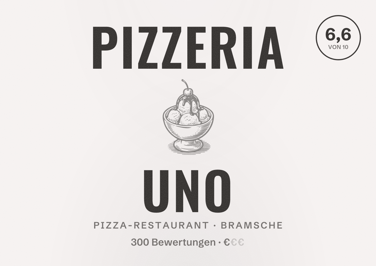 Illustriertes Poster von Pizzeria Uno, Pizza-Restaurant in Bramsche: Bewertung 6,6 von 10 aus 300 Bewertungen, Preisniveau €