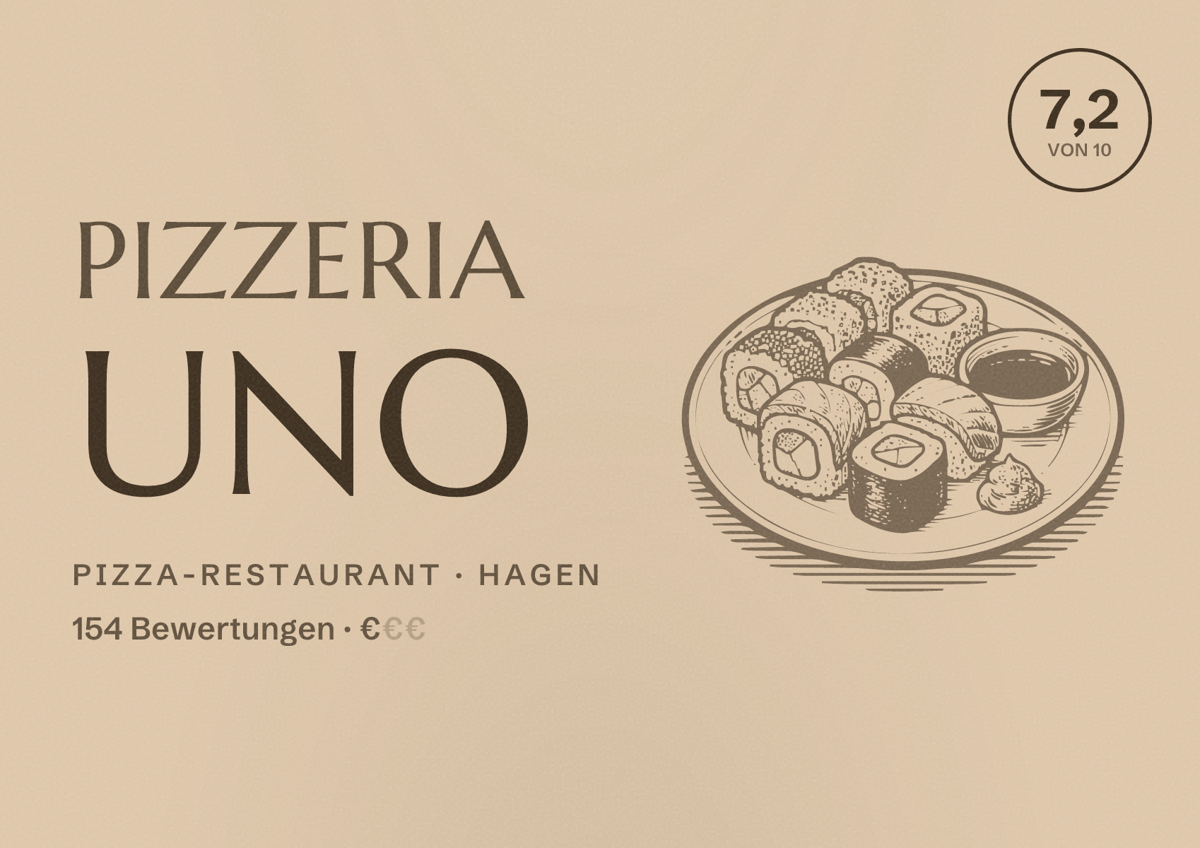 Illustriertes Poster von Pizzeria Uno, Pizza-Restaurant in Hagen: Bewertung 7,2 von 10 aus 154 Bewertungen, Preisniveau €