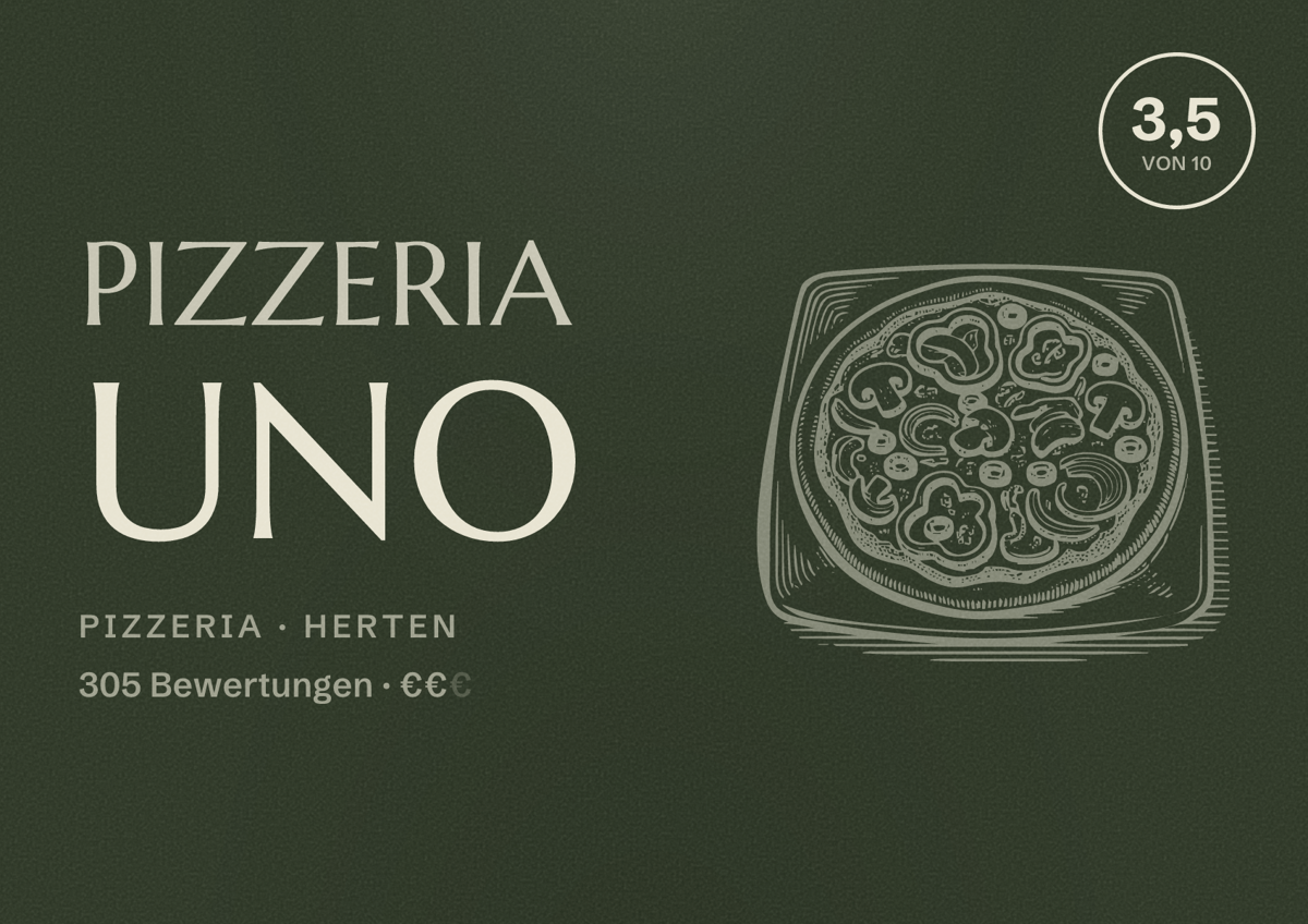 Illustriertes Poster von Pizzeria Uno, Pizzeria in Herten: Bewertung 3,5 von 10 aus 305 Bewertungen, Preisniveau €€