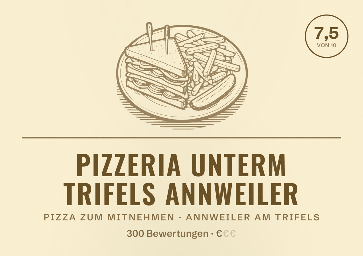 Illustriertes Poster von Pizzeria unterm Trifels Annweiler, Pizza zum Mitnehmen in Annweiler am Trifels: Bewertung 7,5 von 10 aus 300 Bewertungen, Preisniveau €