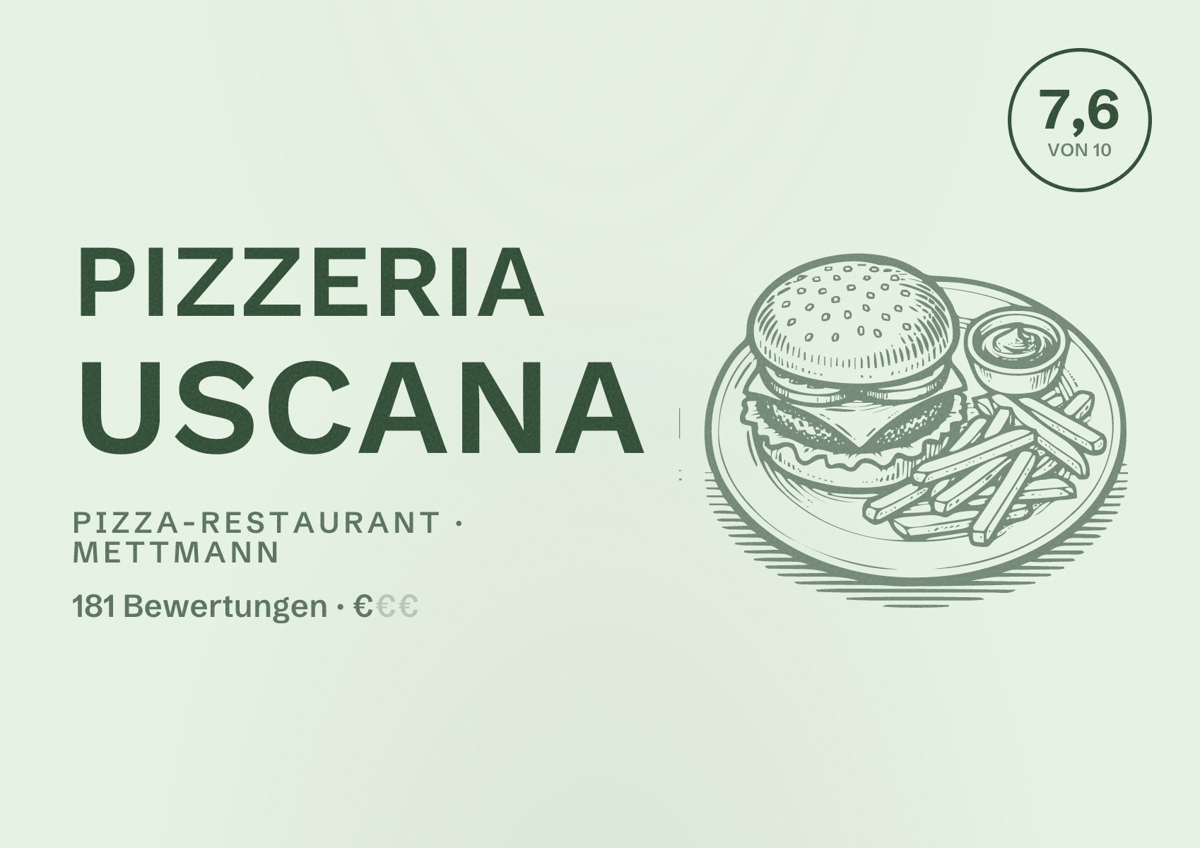 Illustriertes Poster von Pizzeria Uscana, Pizza-Restaurant in Mettmann: Bewertung 7,6 von 10 aus 181 Bewertungen, Preisniveau €