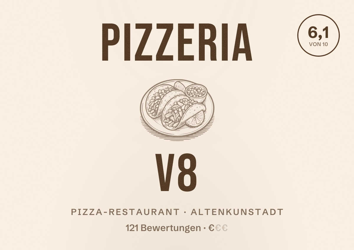Illustriertes Poster von Pizzeria V8, Pizza-Restaurant in Altenkunstadt: Bewertung 6,1 von 10 aus 121 Bewertungen, Preisniveau €