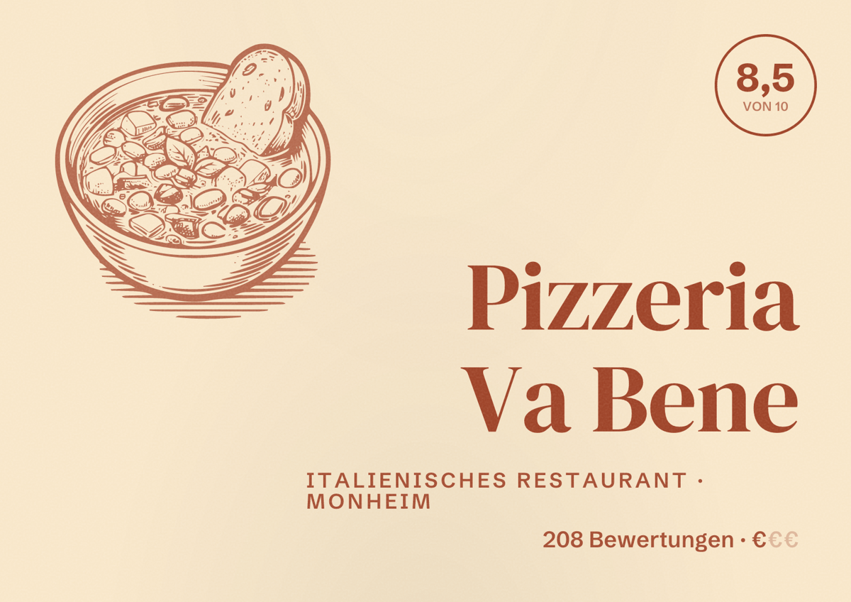 Illustriertes Poster von Pizzeria Va Bene, Italienisches Restaurant in Monheim: Bewertung 8,5 von 10 aus 208 Bewertungen, Preisniveau €