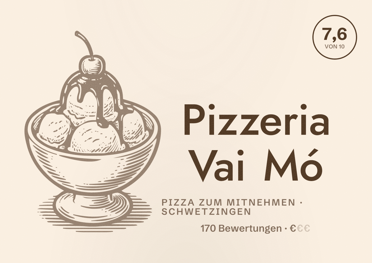 Illustriertes Poster von Pizzeria Vai Mó, Pizza zum Mitnehmen in Schwetzingen: Bewertung 7,6 von 10 aus 170 Bewertungen, Preisniveau €