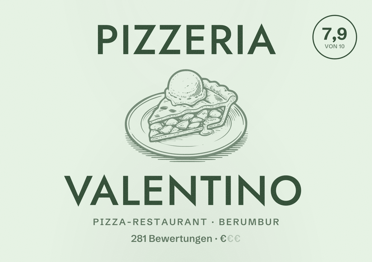 Illustriertes Poster von Pizzeria Valentino, Pizza-Restaurant in Berumbur: Bewertung 7,9 von 10 aus 281 Bewertungen, Preisniveau €