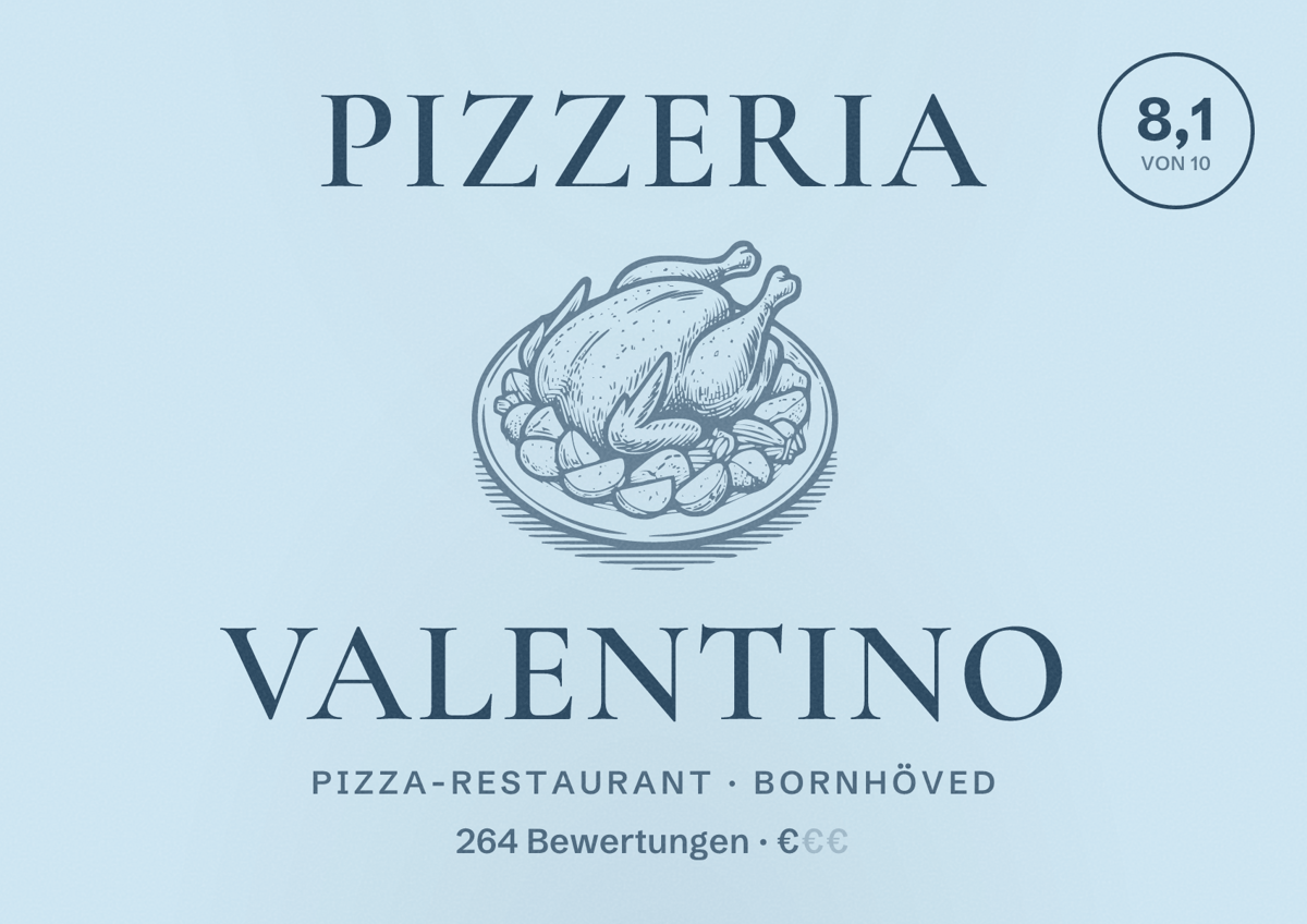 Illustriertes Poster von Pizzeria Valentino, Pizza-Restaurant in Bornhöved: Bewertung 8,1 von 10 aus 264 Bewertungen, Preisniveau €
