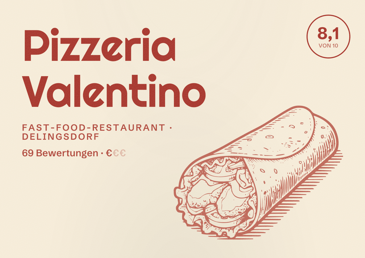 Illustriertes Poster von Pizzeria Valentino, Fast-Food-Restaurant in Delingsdorf: Bewertung 8,1 von 10 aus 69 Bewertungen, Preisniveau €