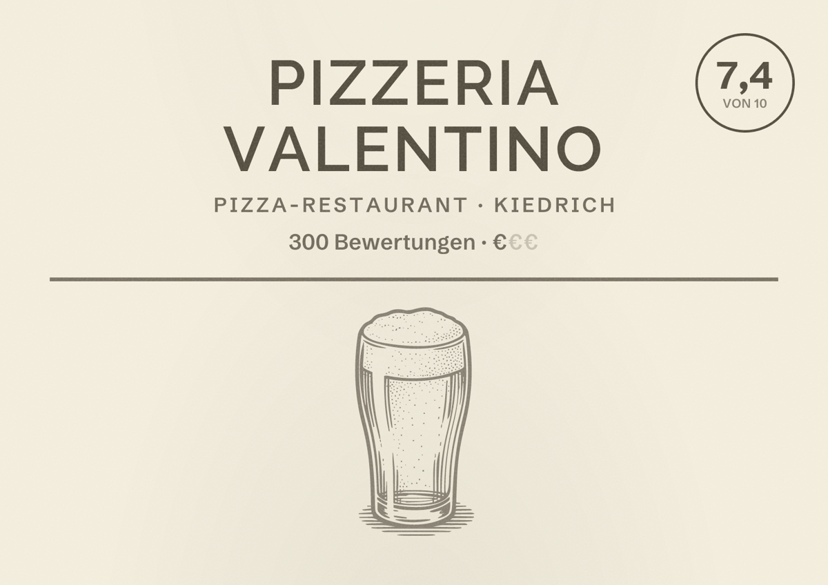Illustriertes Poster von Pizzeria Valentino, Pizza-Restaurant in Kiedrich: Bewertung 7,4 von 10 aus 300 Bewertungen, Preisniveau €