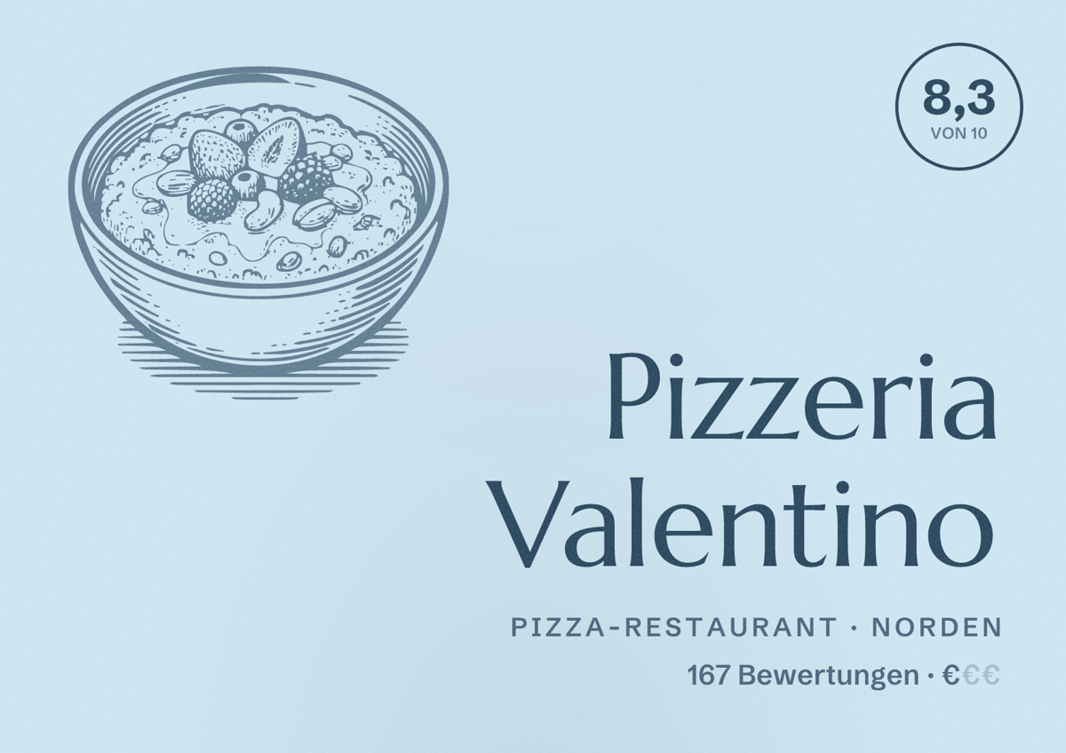Illustriertes Poster von Pizzeria Valentino, Pizza-Restaurant in Norden: Bewertung 8,3 von 10 aus 167 Bewertungen, Preisniveau €