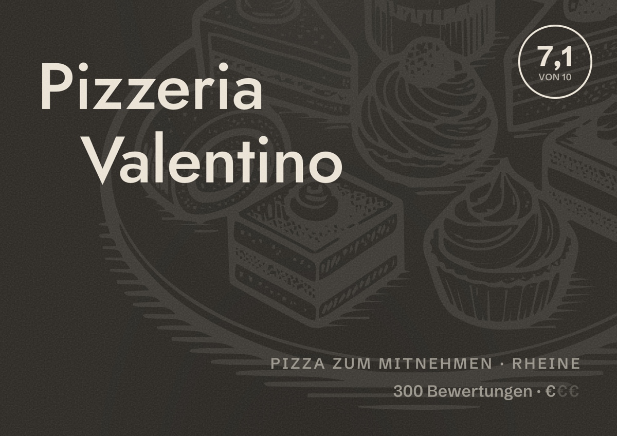 Illustriertes Poster von Pizzeria Valentino, Pizza zum Mitnehmen in Rheine: Bewertung 7,1 von 10 aus 300 Bewertungen, Preisniveau €
