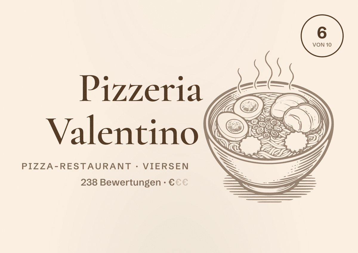 Illustriertes Poster von Pizzeria Valentino, Pizza-Restaurant in Viersen: Bewertung 6 von 10 aus 238 Bewertungen, Preisniveau €