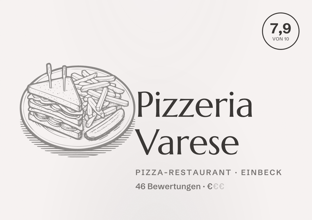 Illustriertes Poster von Pizzeria Varese, Pizza-Restaurant in Einbeck: Bewertung 7,9 von 10 aus 46 Bewertungen, Preisniveau €