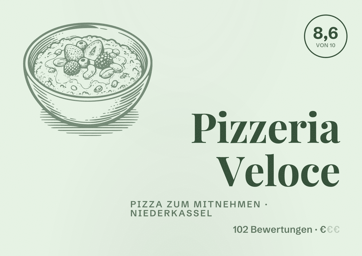 Illustriertes Poster von Pizzeria Veloce, Pizza zum Mitnehmen in Niederkassel: Bewertung 8,6 von 10 aus 102 Bewertungen, Preisniveau €