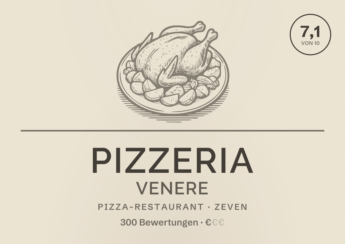 Illustriertes Poster von Pizzeria Venere, Pizza-Restaurant in Zeven: Bewertung 7,1 von 10 aus 300 Bewertungen, Preisniveau €