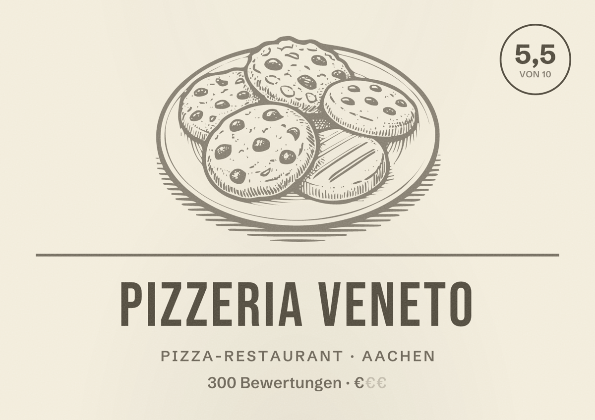 Illustriertes Poster von Pizzeria Veneto, Pizza-Restaurant in Aachen: Bewertung 5,5 von 10 aus 300 Bewertungen, Preisniveau €