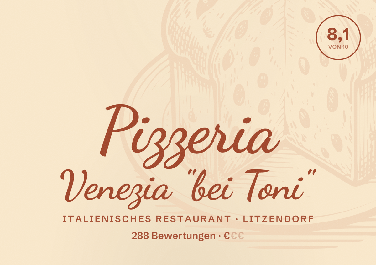 Illustriertes Poster von Pizzeria Venezia "bei Toni", Italienisches Restaurant in Litzendorf: Bewertung 8,1 von 10 aus 288 Bewertungen, Preisniveau €