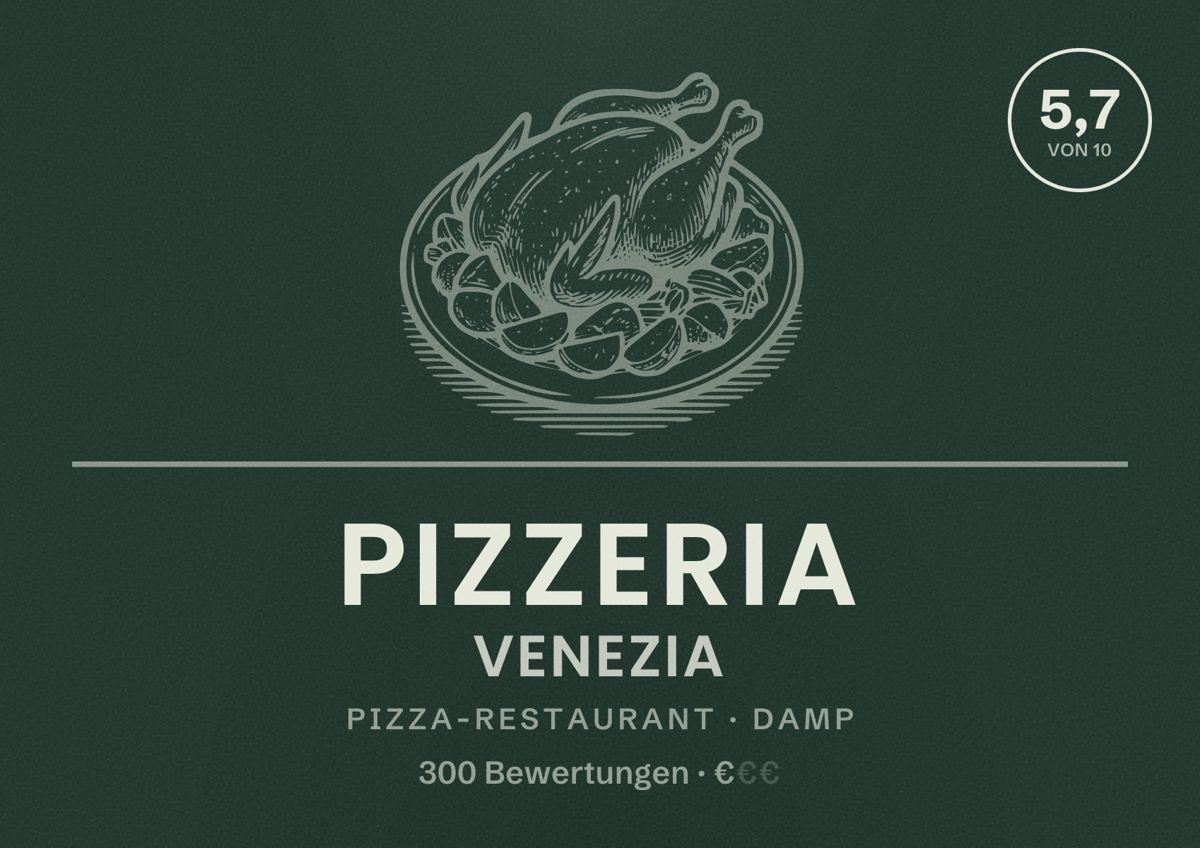 Illustriertes Poster von Pizzeria Venezia, Pizza-Restaurant in Damp: Bewertung 5,7 von 10 aus 300 Bewertungen, Preisniveau €