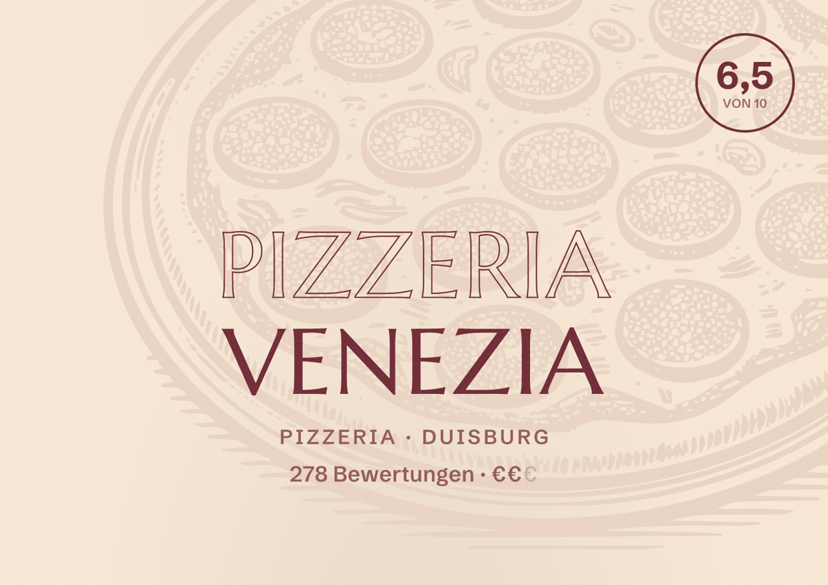Illustriertes Poster von Pizzeria Venezia, Pizzeria in Duisburg: Bewertung 6,5 von 10 aus 278 Bewertungen, Preisniveau €€