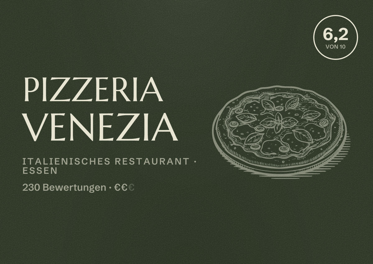 Illustriertes Poster von Pizzeria Venezia, Italienisches Restaurant in Essen: Bewertung 6,2 von 10 aus 230 Bewertungen, Preisniveau €€