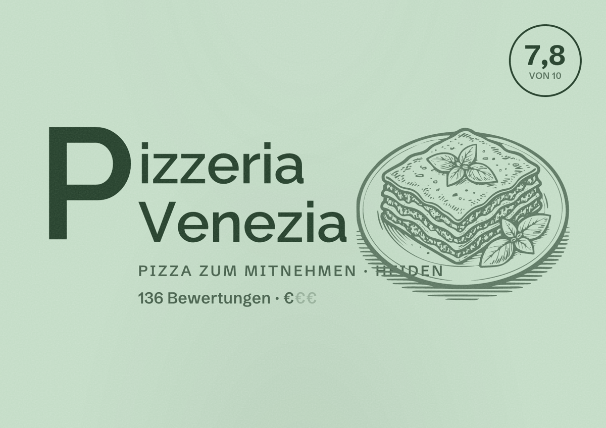 Illustriertes Poster von Pizzeria Venezia, Pizza zum Mitnehmen in Heiden: Bewertung 7,8 von 10 aus 136 Bewertungen, Preisniveau €