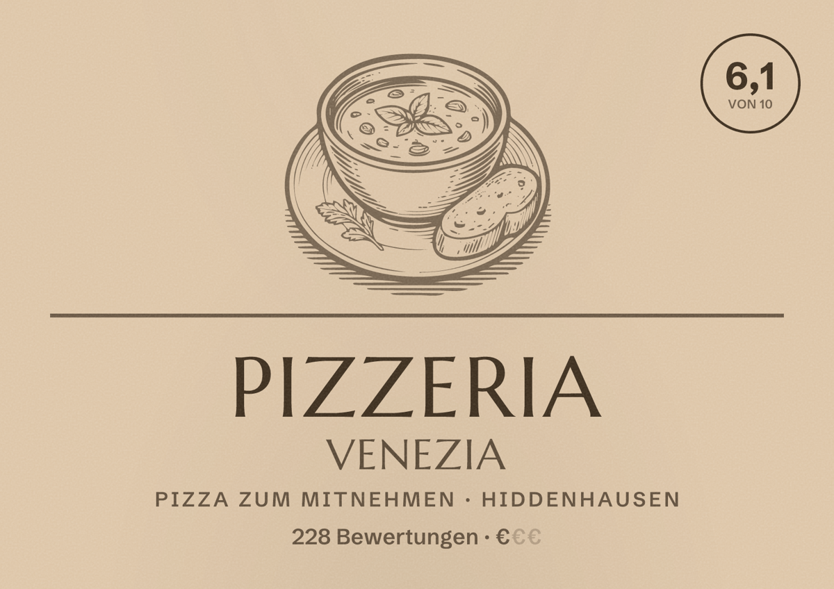 Illustriertes Poster von Pizzeria Venezia, Pizza zum Mitnehmen in Hiddenhausen: Bewertung 6,1 von 10 aus 228 Bewertungen, Preisniveau €