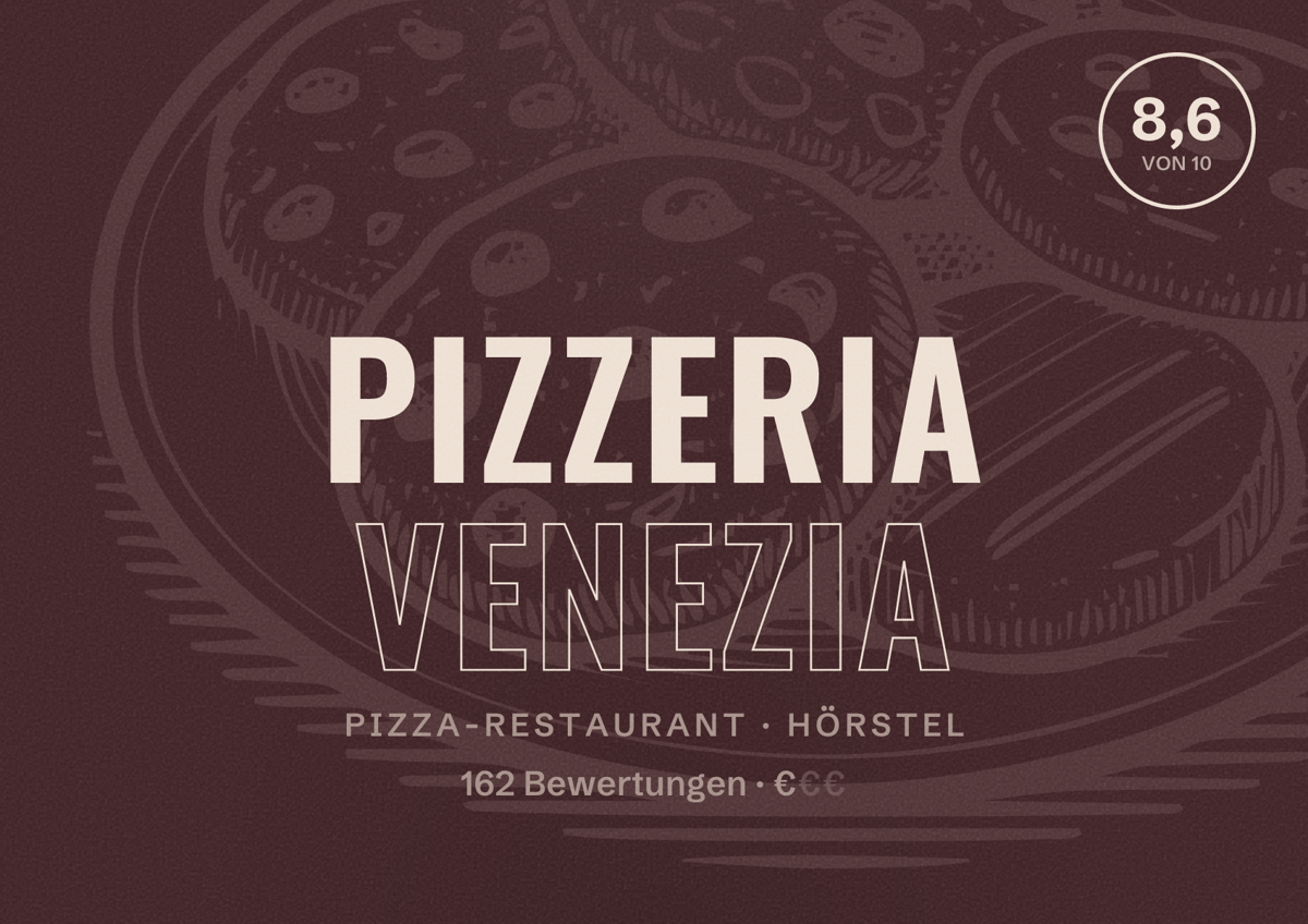 Illustriertes Poster von Pizzeria Venezia, Pizza-Restaurant in Hörstel: Bewertung 8,6 von 10 aus 162 Bewertungen, Preisniveau €