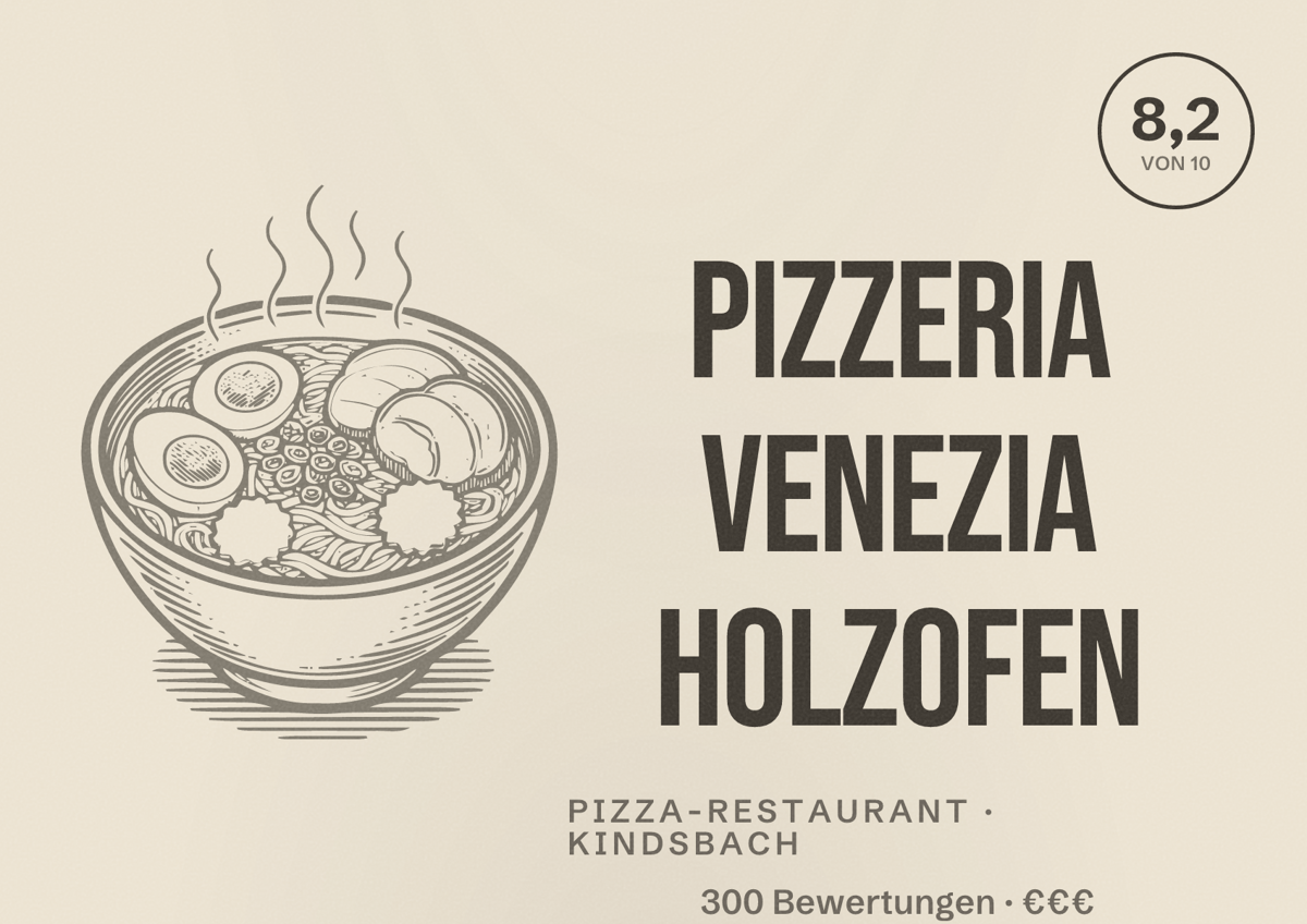 Illustriertes Poster von Pizzeria Venezia Holzofen, Pizza-Restaurant in Kindsbach: Bewertung 8,2 von 10 aus 300 Bewertungen, Preisniveau €€€
