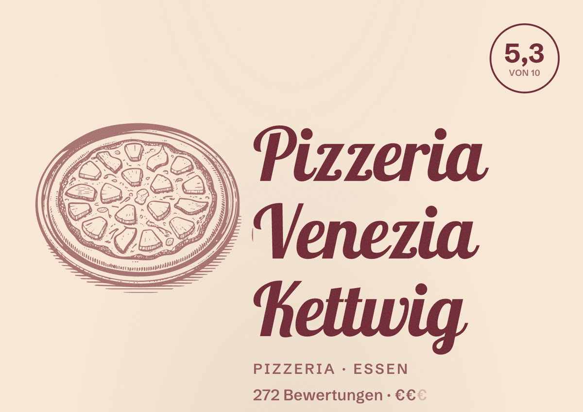 Illustriertes Poster von Pizzeria Venezia Kettwig, Pizzeria in Essen: Bewertung 5,3 von 10 aus 272 Bewertungen, Preisniveau €€