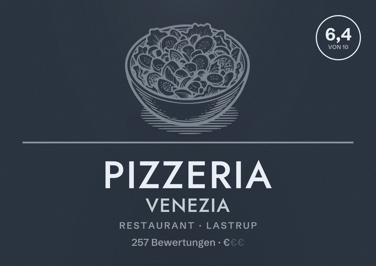 Illustriertes Poster von Pizzeria Venezia, Restaurant in Lastrup: Bewertung 6,4 von 10 aus 257 Bewertungen, Preisniveau €
